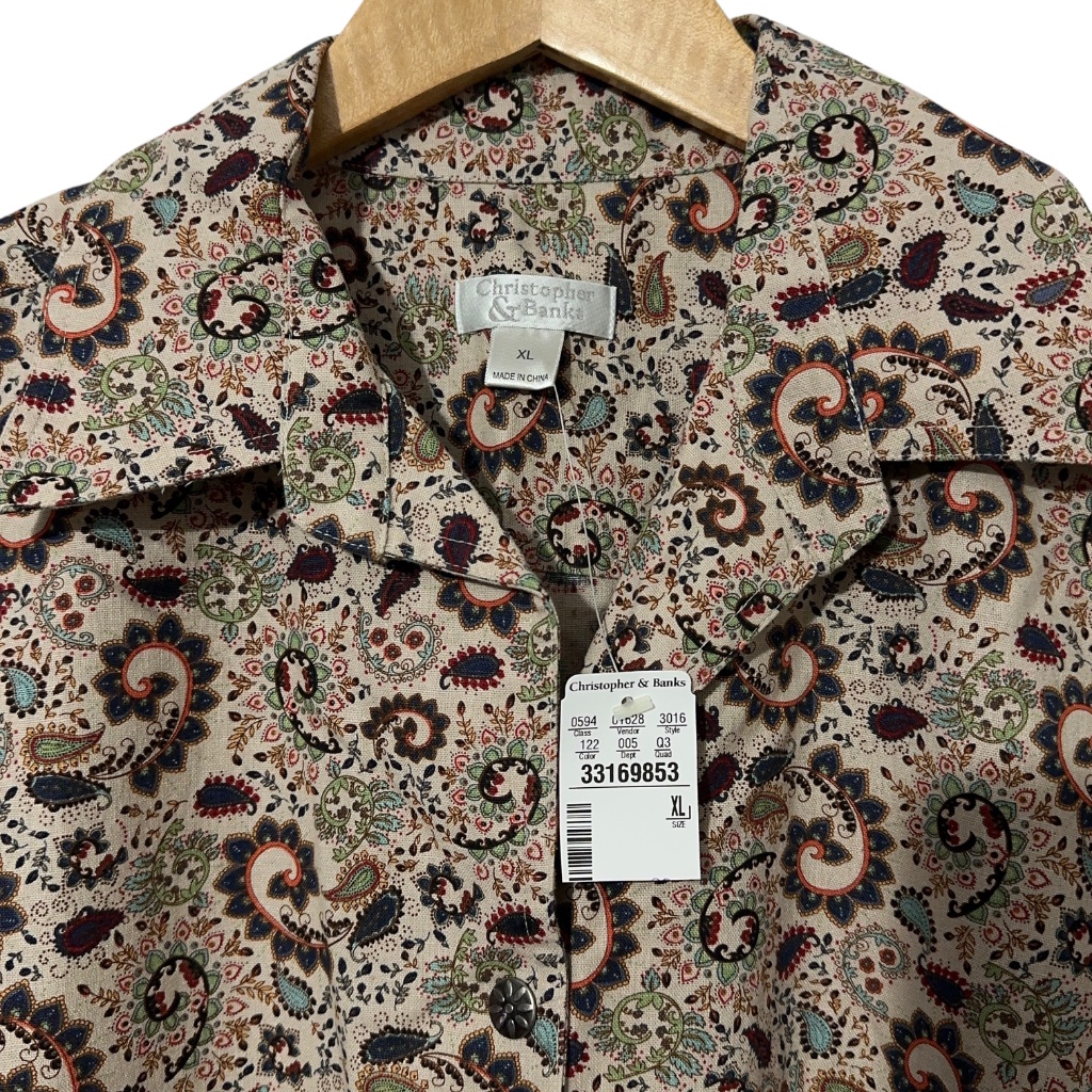 Nwt Christopher & Banks Linen Bld Top Womens Size Xl Button Up Paisley Autumn — image 3 of 6